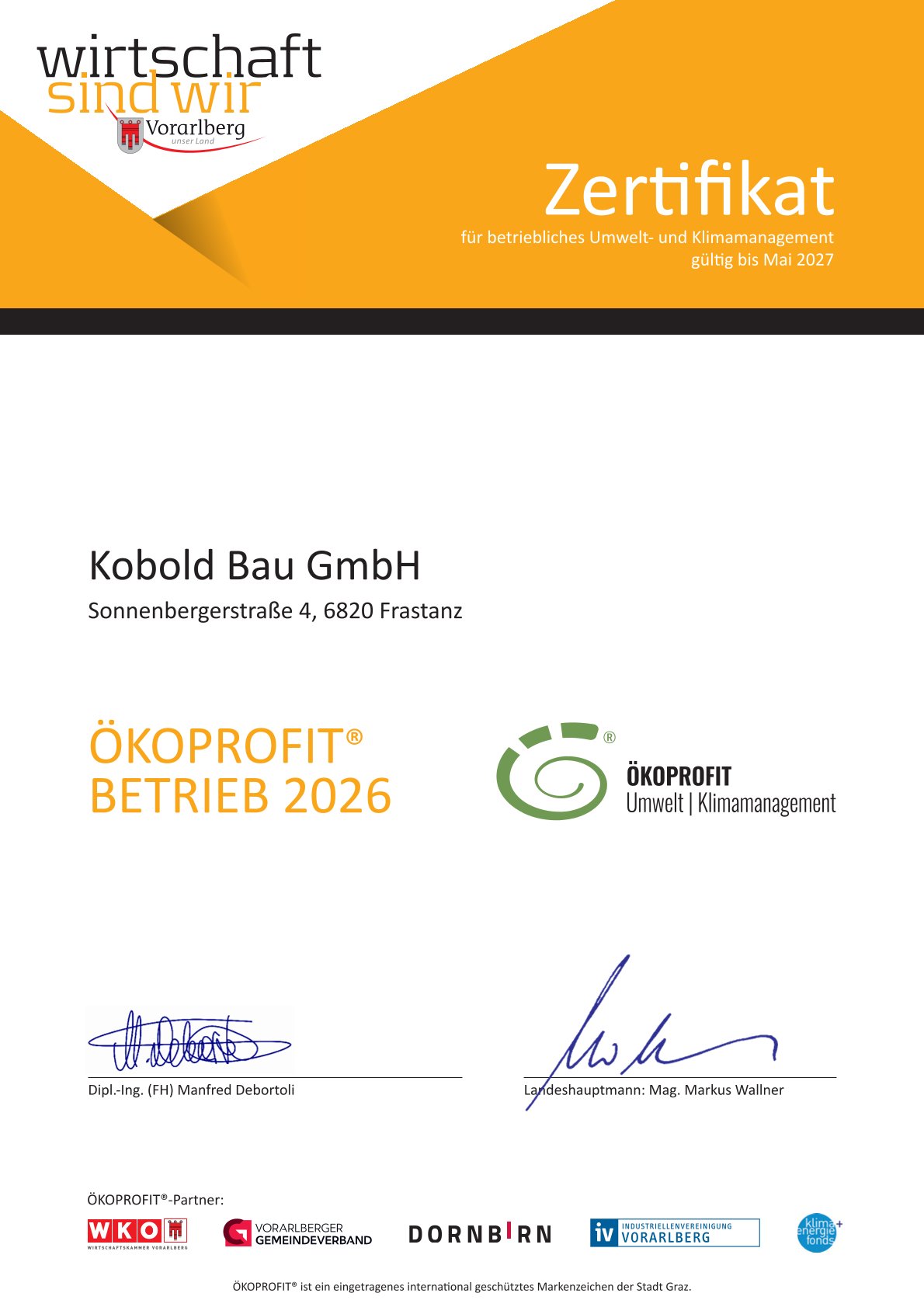 ÖKOPROFIT Zertifikat Kobold Bau GmbH